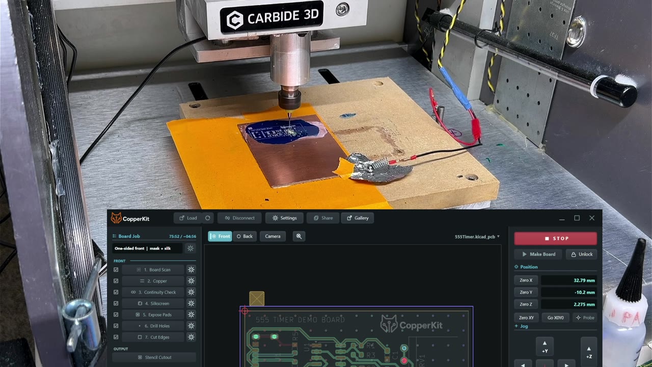 The CNC drilling the masked 555 board while CopperKit shows the job progress.