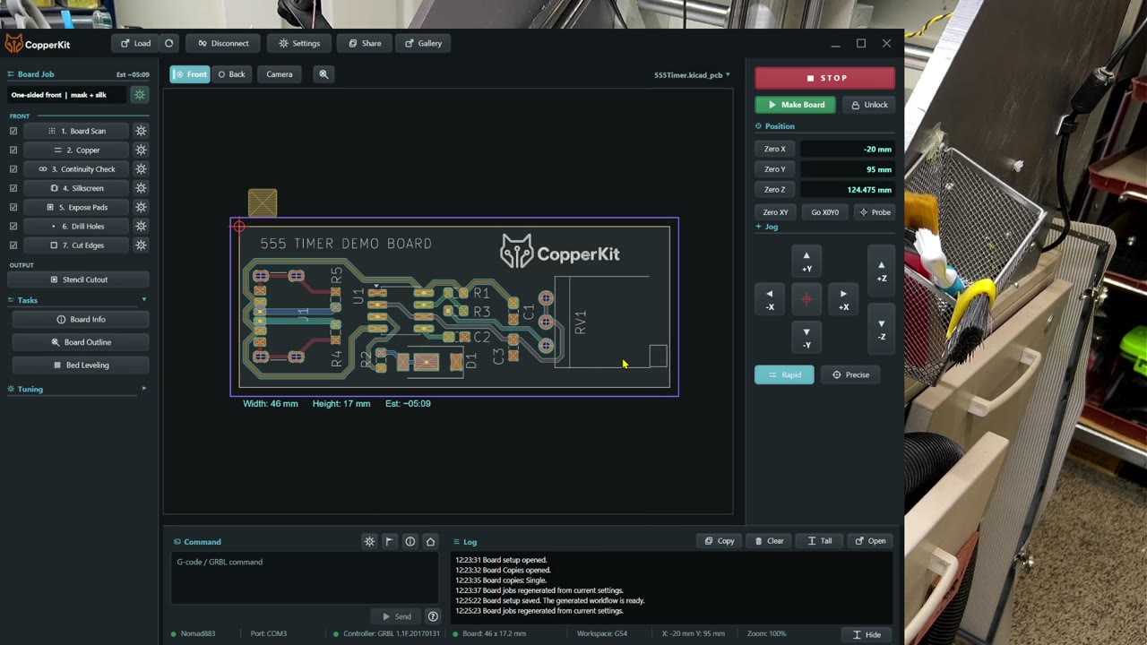 The single-sided 555 timer board layout and workflow in CopperKit.
