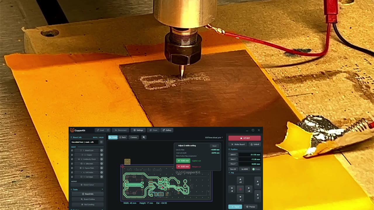 A stationary scriber cutting the 555 board traces with the CopperKit preview visible.